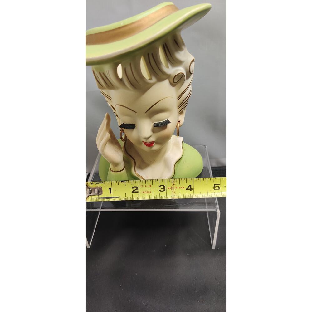 Vintage Green Hat Hand to Head Headache Lady Head Vase Planter Kitsch MidCentury - Picture 12 of 12